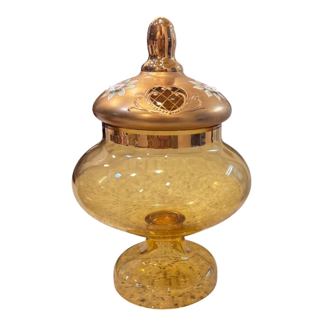 Vintage  Bohemian Czech‎ Glass Candy Apothecary Jar Gold Floral Decorative 9"
